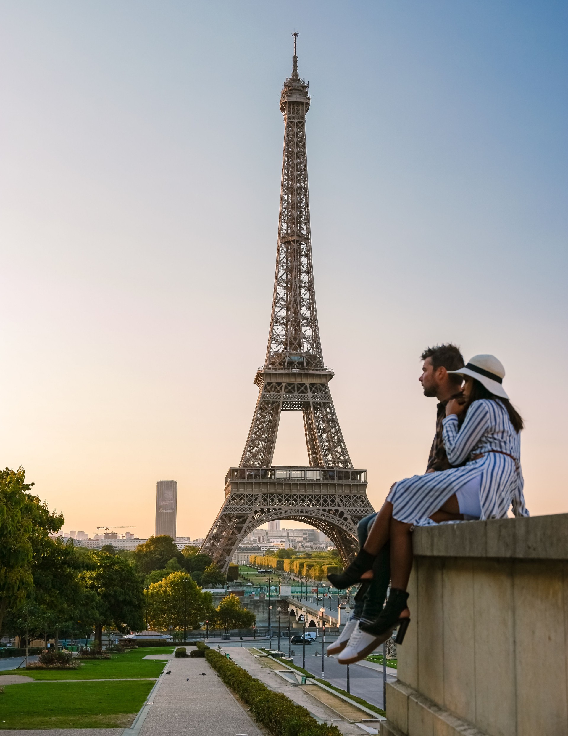 Eiffel tower at Sunrise in Paris France, Paris Eifel tower on a summer day